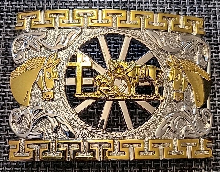 Unbranded Belt Buckle, Silver And Gold Tone Cowboy Kneeling Horse Cross