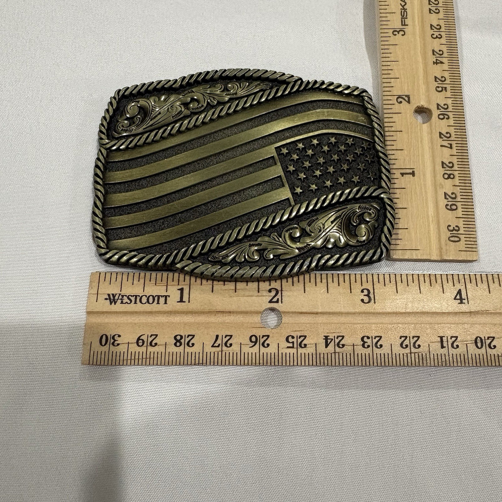 Western American Flag Belt Buckle Antique Brass USA Patriotic Cowboy Rodeo