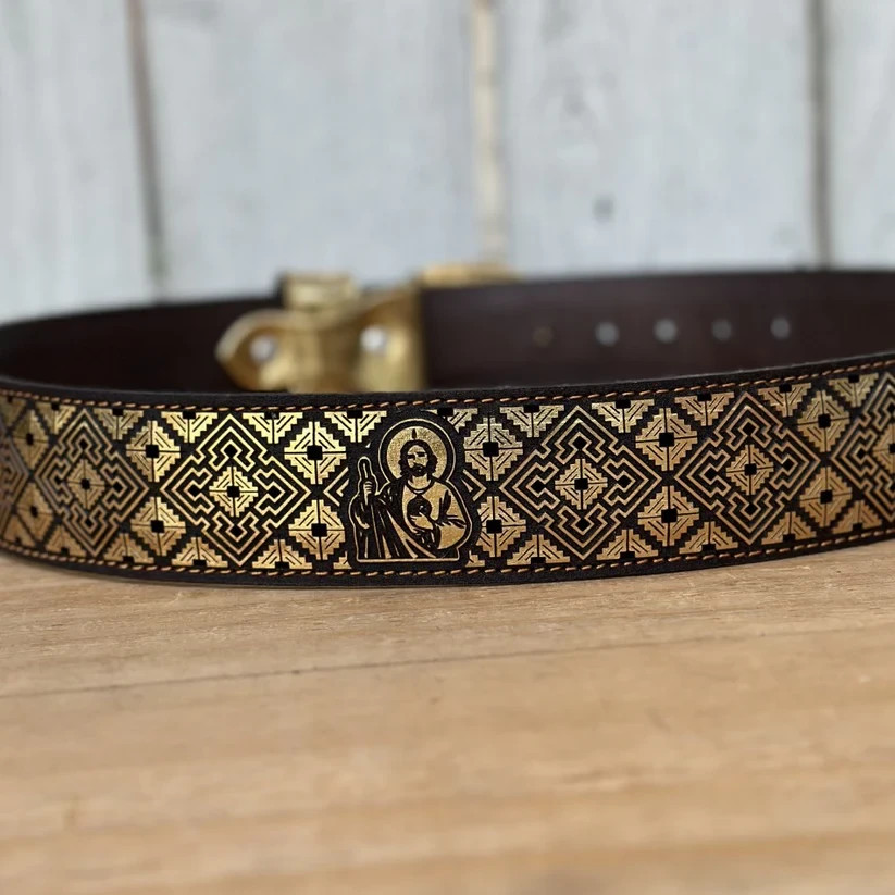 Genuine Laser Cut Leather San Judas Western Belt with Removable Buckle – Gold