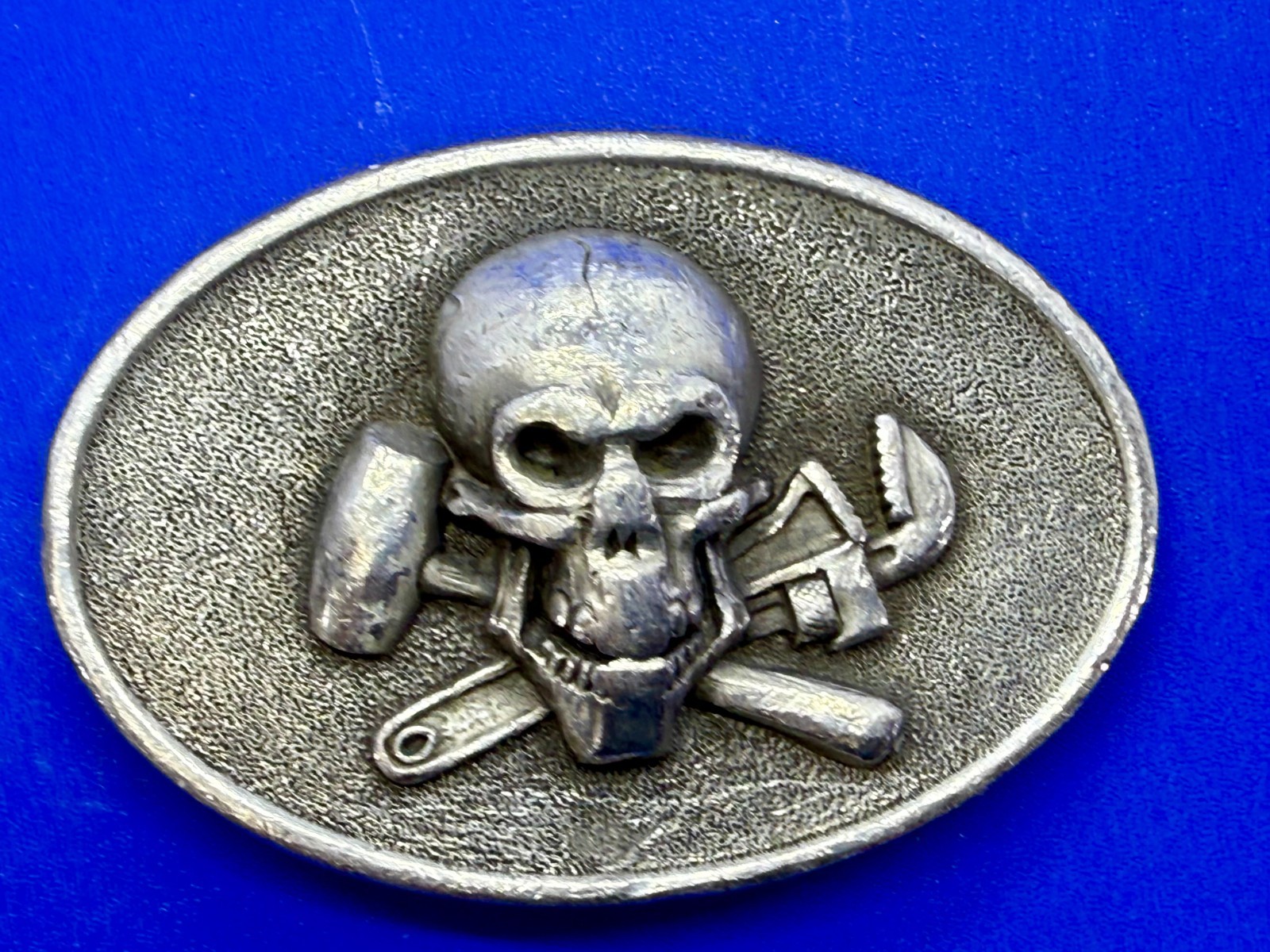 Mechanic Skull Crossed Wrench Hammer Tool Solid Fine Pewter Belt Buckle
