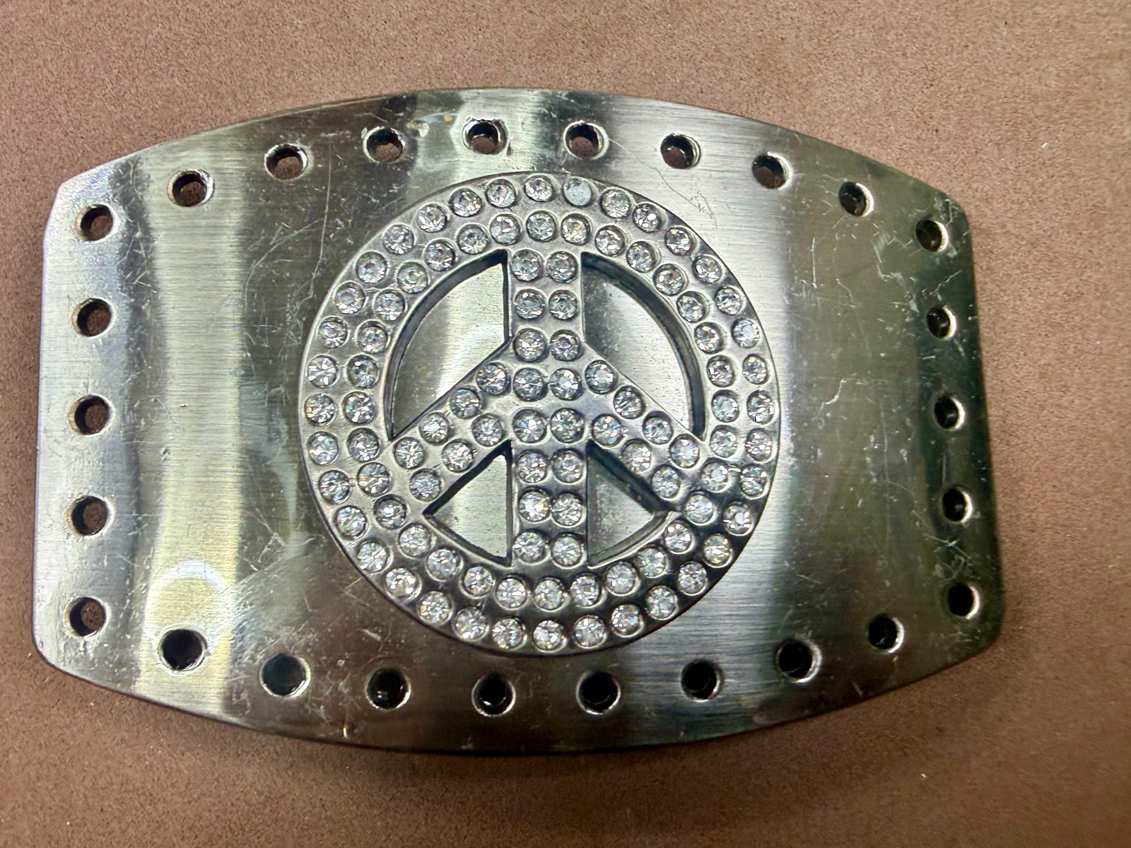 Peace Symbol Sign Rhinestone Bling Hole Border Hippy Silver Tone Belt Buckle