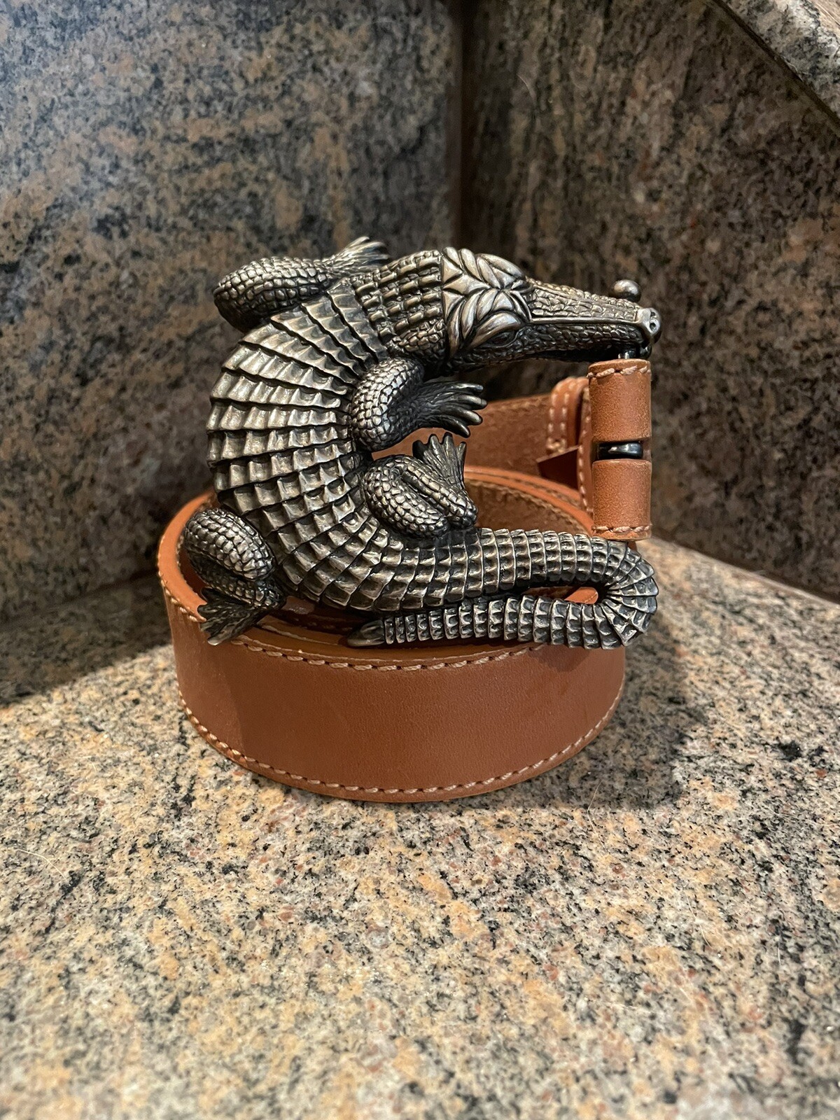 Huge Kieselstein- Cord Sterling Alligator Buckle With Brown Leather Belt Size 3