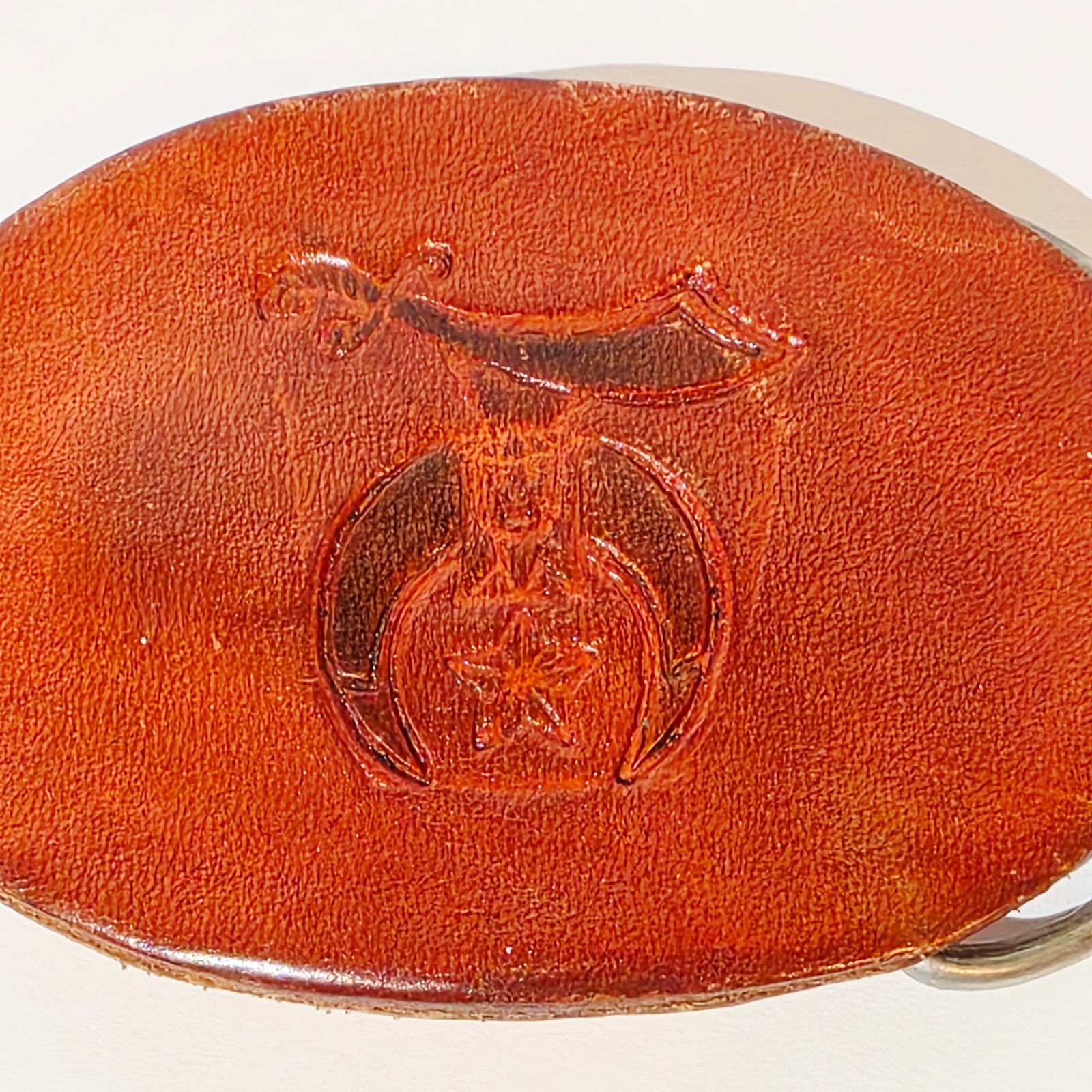 Vintage Shriners Tooled Leather Masonic Belt Buckle Masons Temple Brown