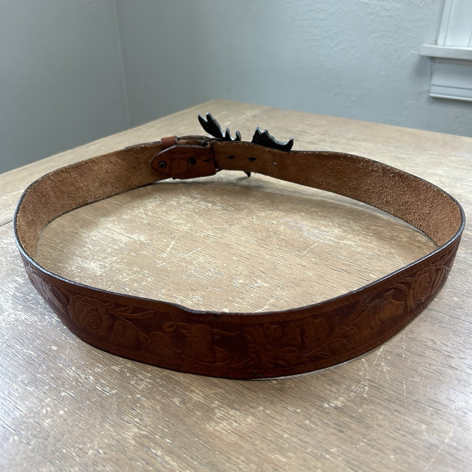 Brass Moose Belt Buckle w/Hand Tooled Brown Leather Western Wear Belt Size 40