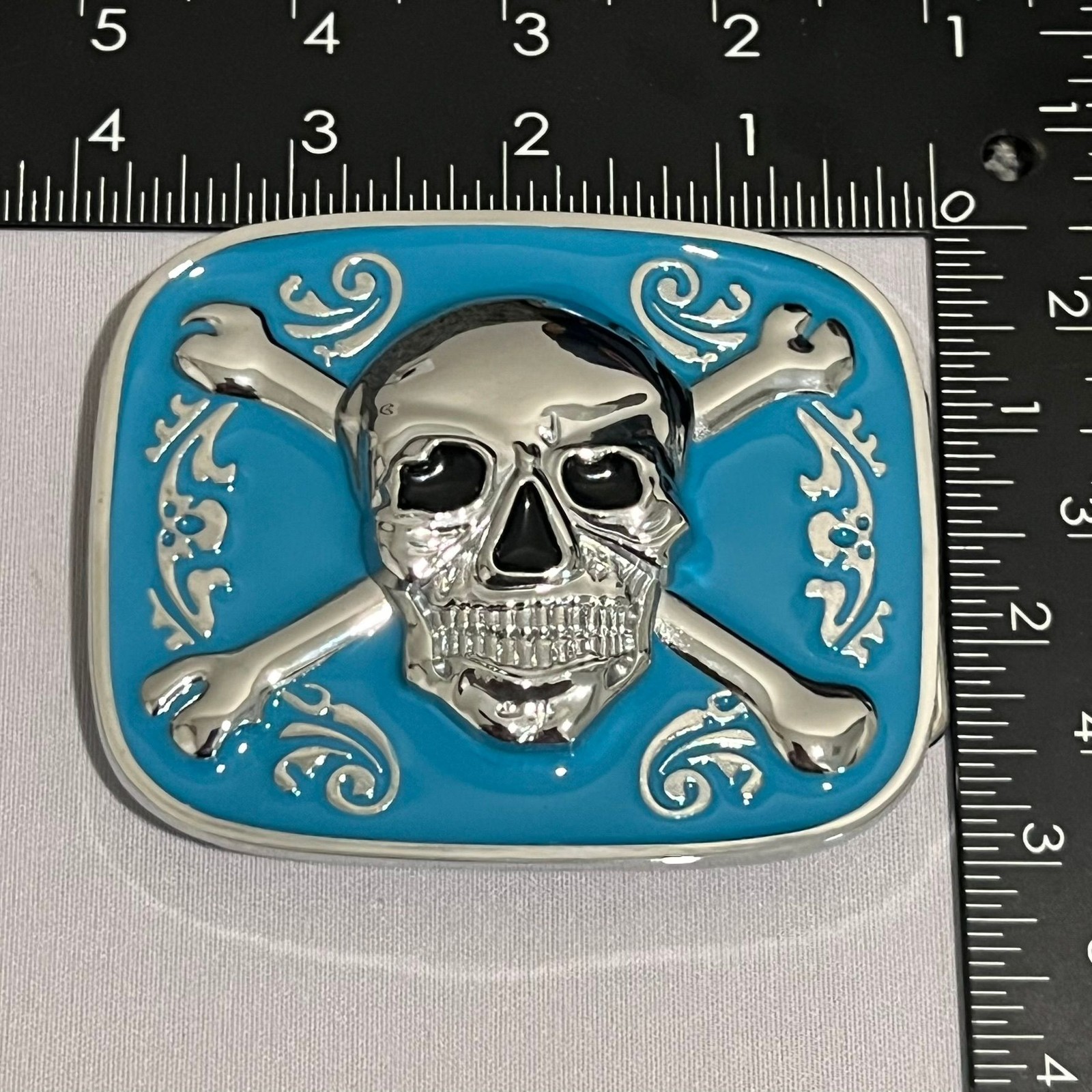 Skull Crossbones Belt Buckle Mens Turquoise Enamel Silver Tone Pirate Statement