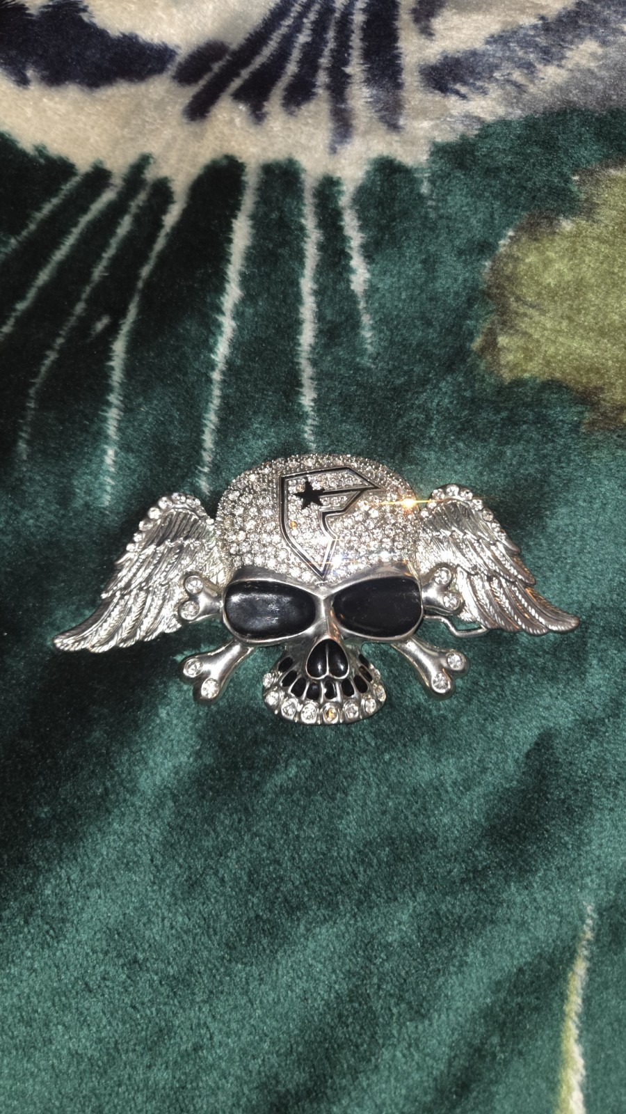 Men&rsquo;s Winged Skull Rhinestone Belt Buckle Silver/Black Interchangeable 1.5&Prime;