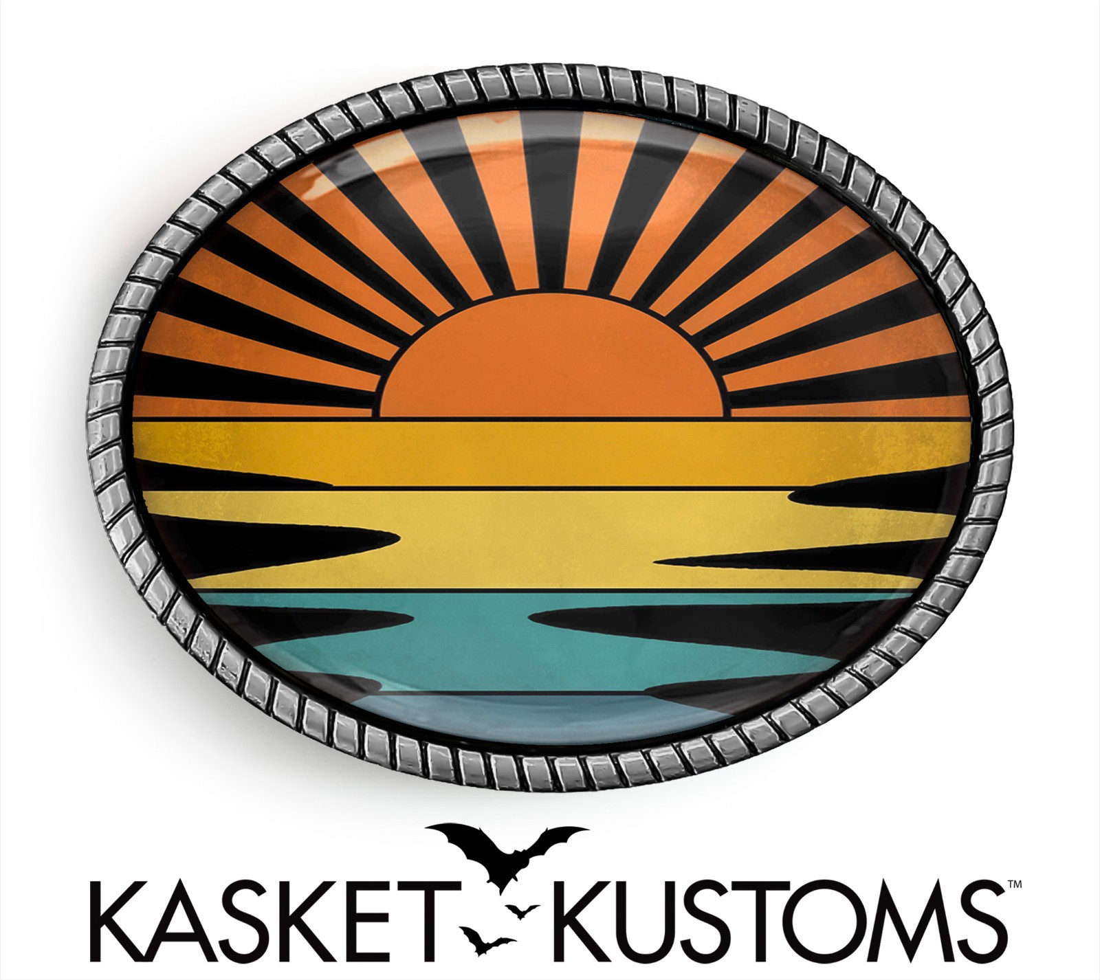Vintage Sunset Belt Buckle – Retro Beach, Sun, Silver or Gold, Oval Belt Buckle