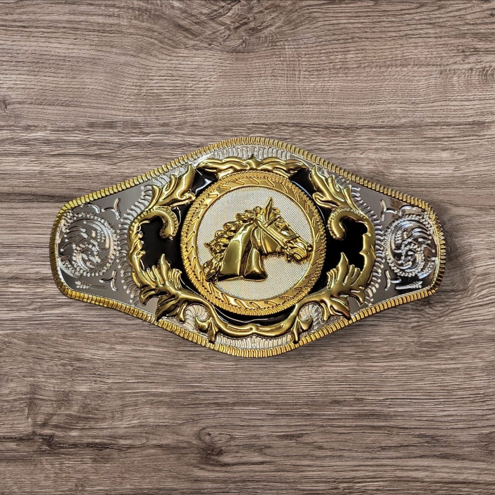 Cowboy/Charro Belt Buckle For Man-Horse Head 6.25&Prime;x3.25&Prime; Silver Tone/Black/Gold
