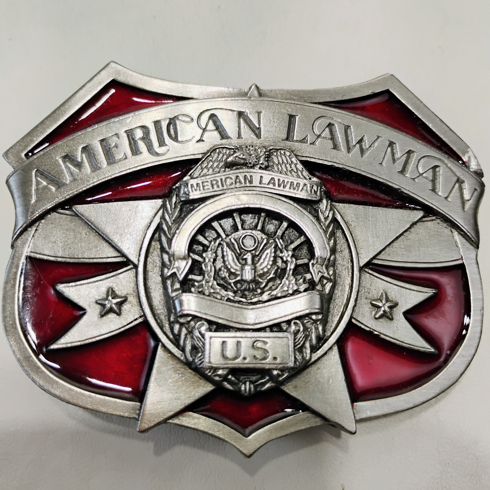 SISKIYOU Red Enamel Belt Buckle American Lawman Vintage 1986 Law Enforcement