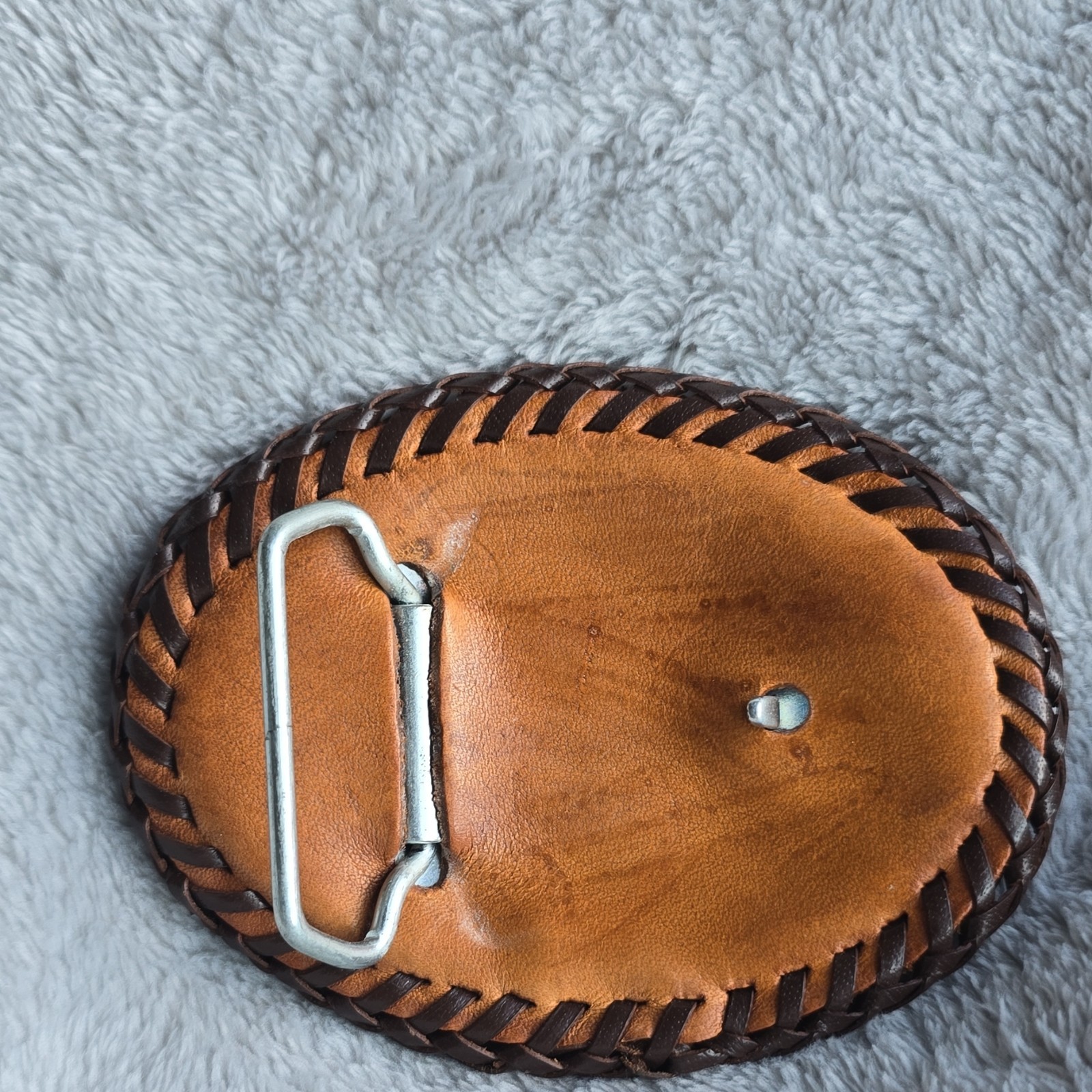 Brown Leather Oval Western Horse Belt Buckle Tooled Laced Fits 1.5&Prime; Belt