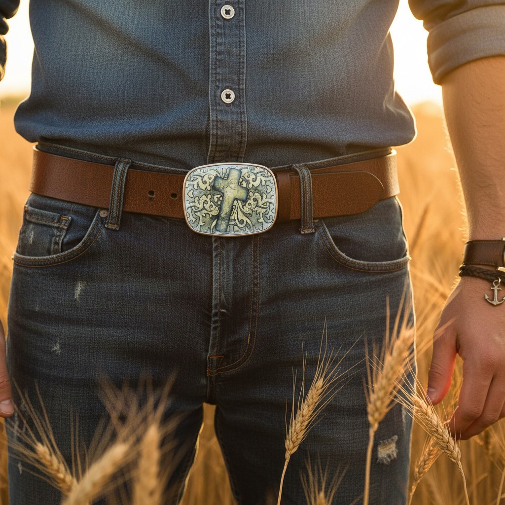 Men Women Belt Buckle Black Faux Leather Religious Cross Western Weekend Style
