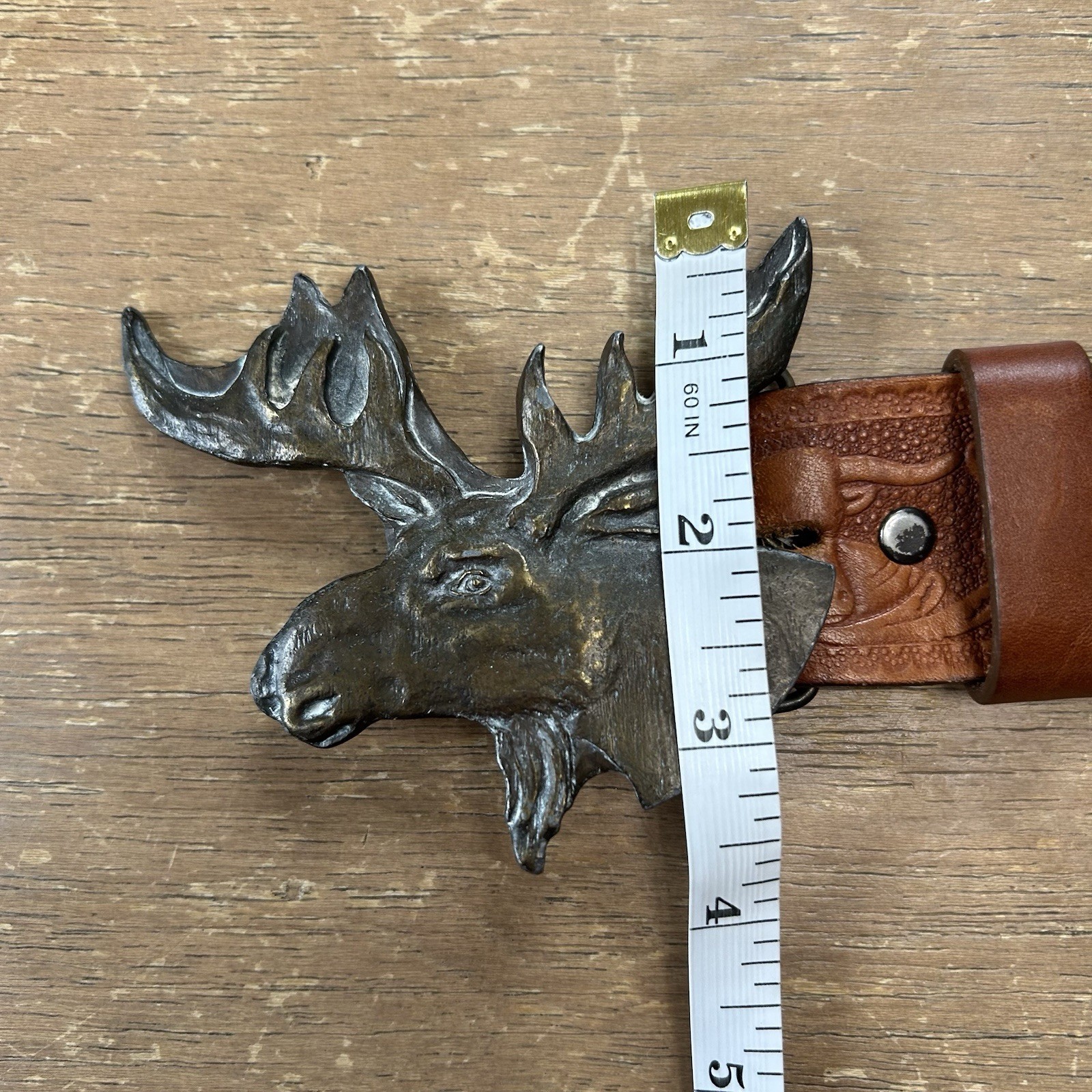 Brass Moose Belt Buckle w/Hand Tooled Brown Leather Western Wear Belt Size 40