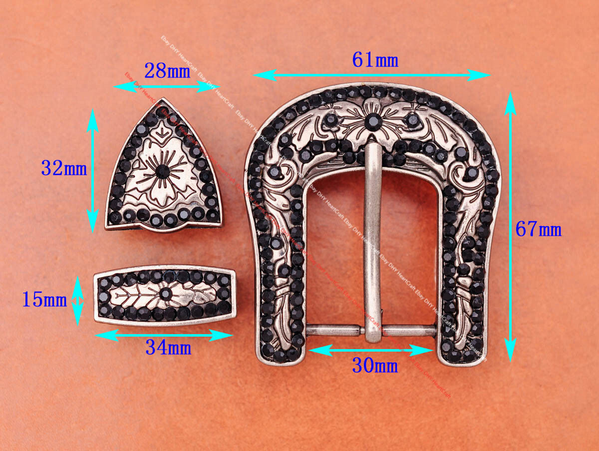 Black Crystal Rhinestone Western Cowboy Rodeo Belt Buckle Set Fit 30MM Strap