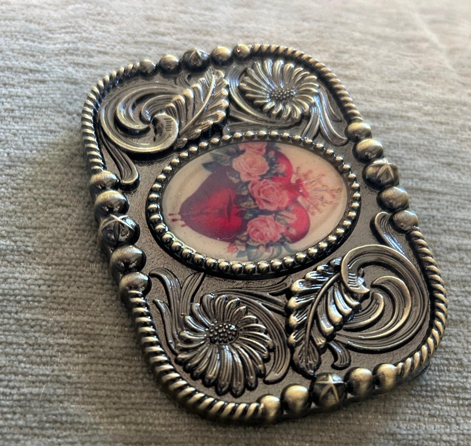 Heart and Roses Belt Buckle Valentines Western Mexican Sacred Sagrada Art