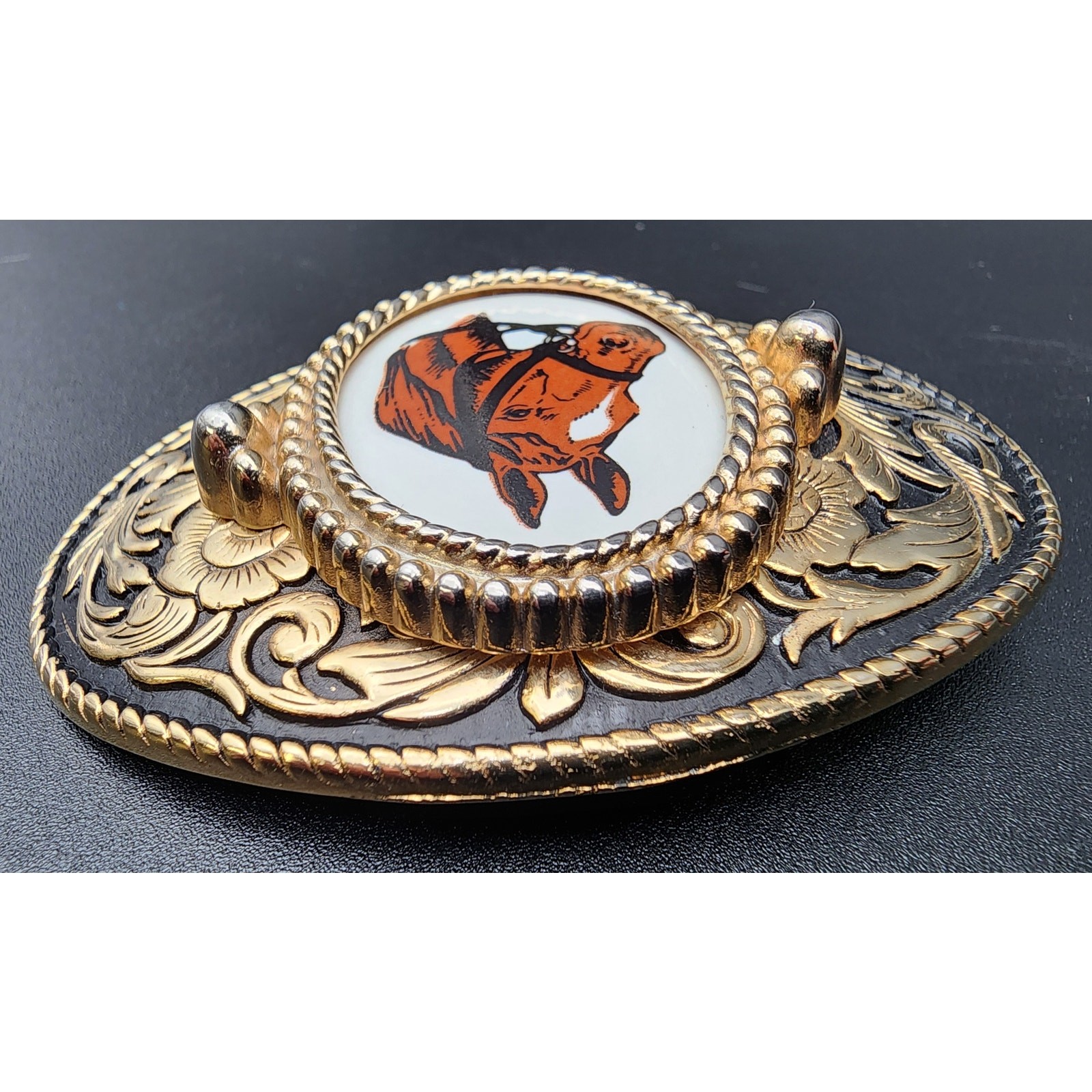 Vintage Brass Horse Head Belt Buckle with Porcelain Cameo 3.25&Prime; Western