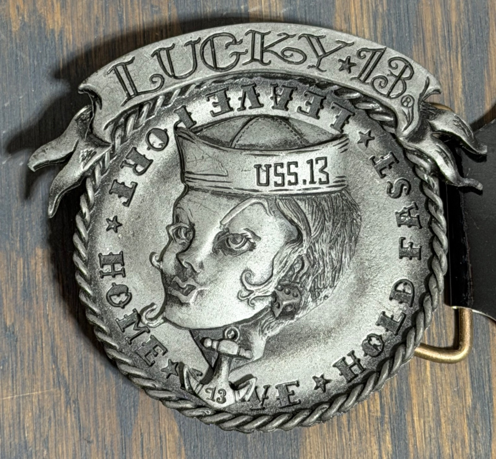NOS Y2K Lucky 13 Apparel Metal Belt Buckle Brandi Spinner Tattoo Sailor
