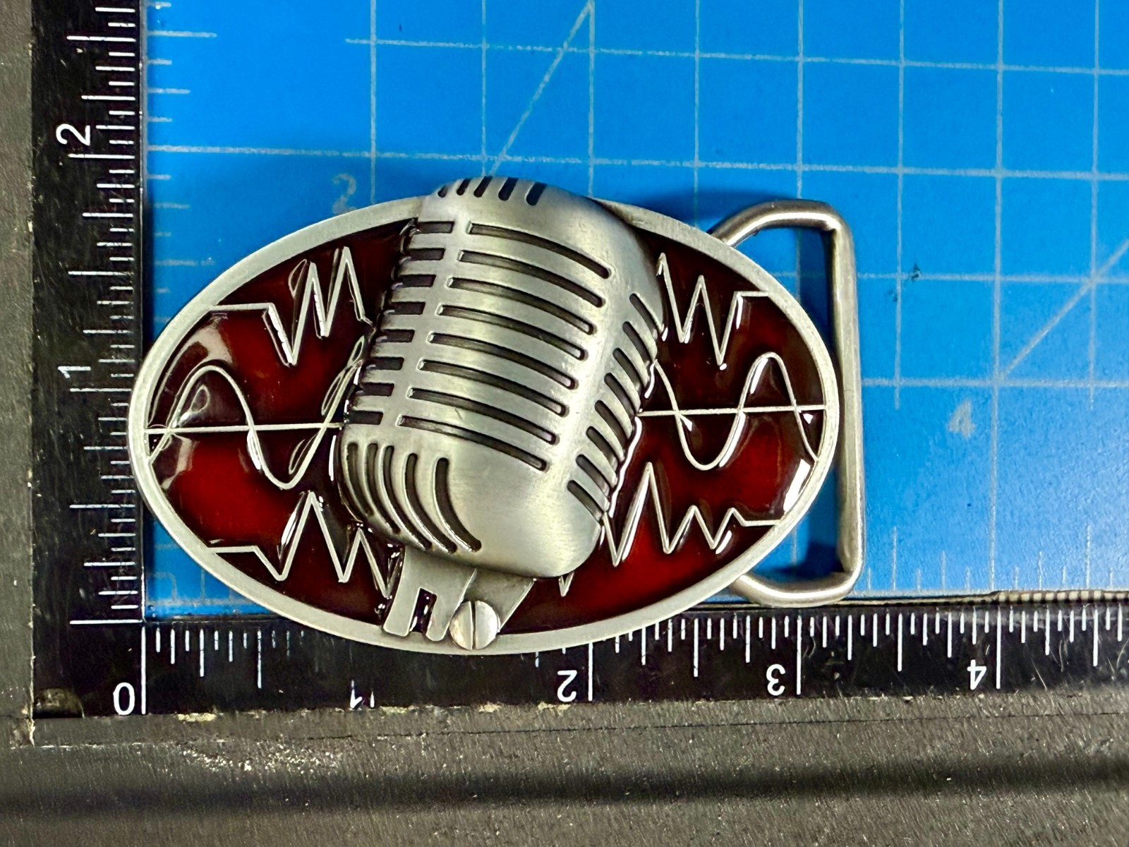 Retro Music Elvis Style Microphone Red Enameled Musician Ribbon Mic Belt Buckle
