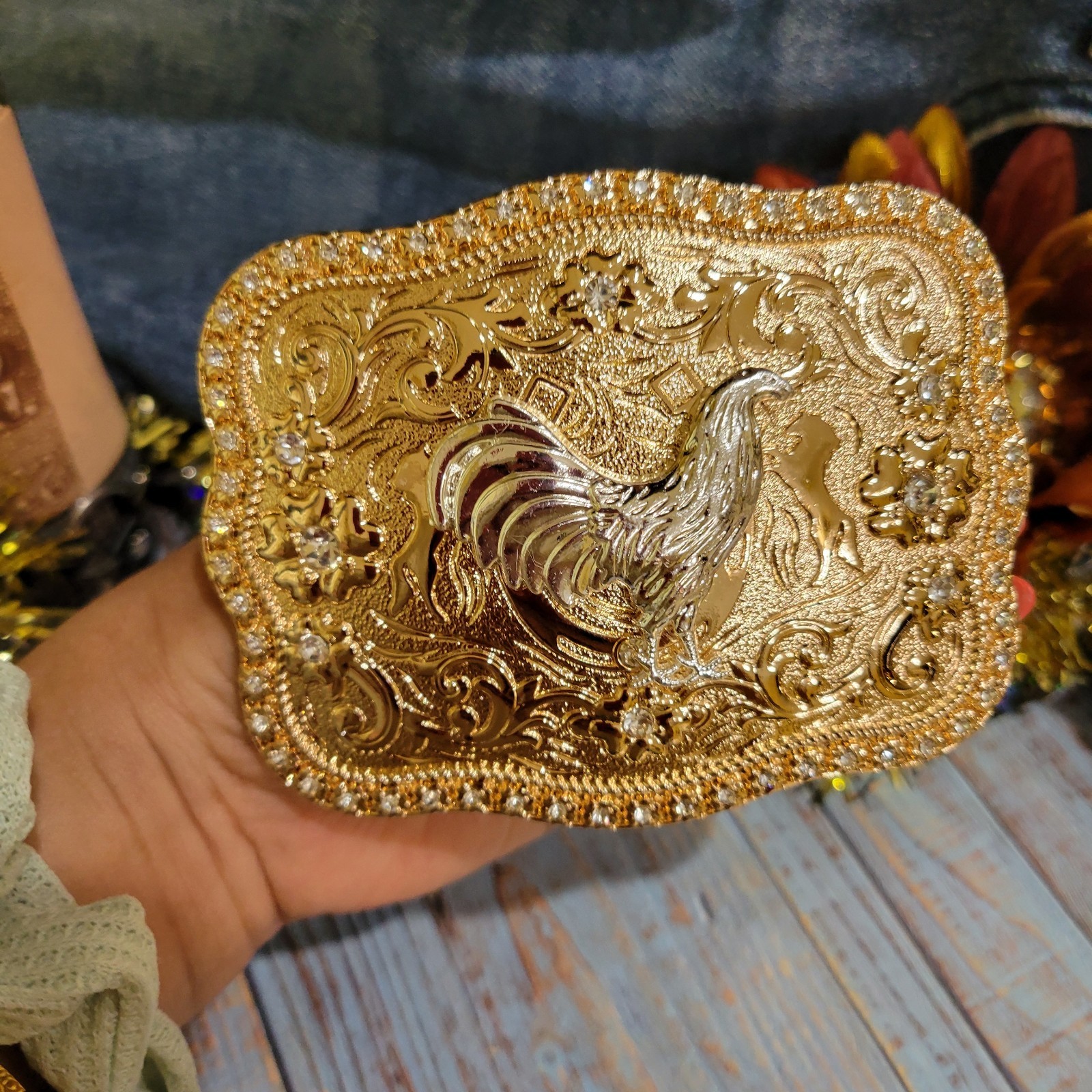 Rooster Cowboy Belt Buckle Western Hebilla Silver & Rosetone Rhinestone 4×3.5&Prime;