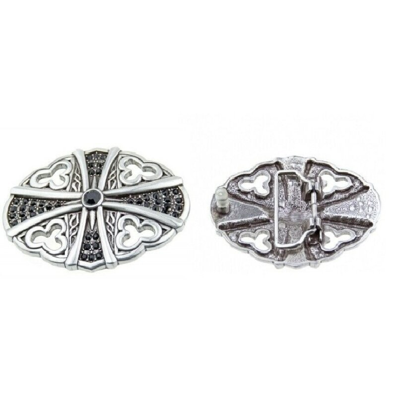 Oval Gothic Cross Belt Buckle in Antique Silver with Black Crystals