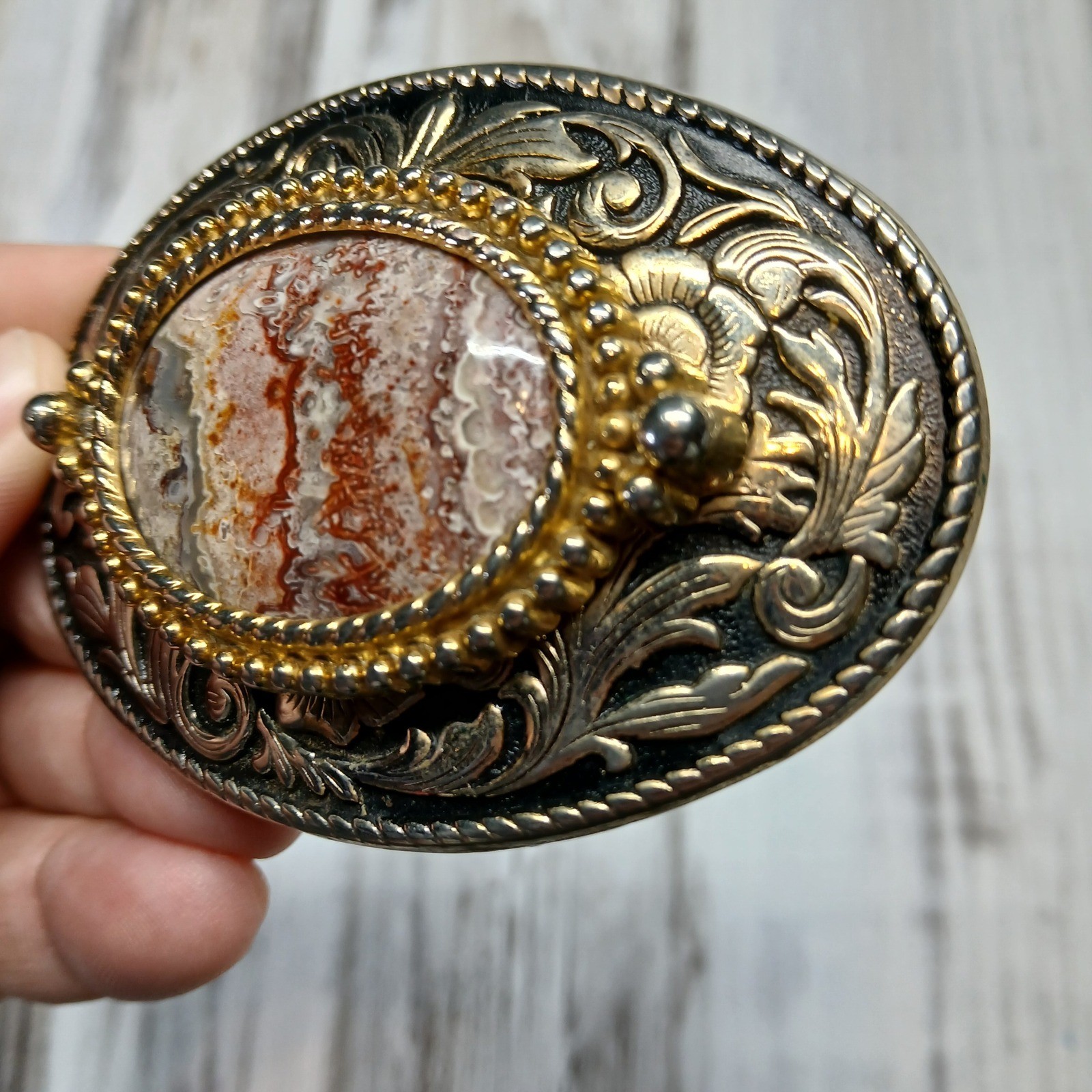 Western Floral Lace Agate Belt Buckle Two Tone Gold Silver Oval Cowboy Boho