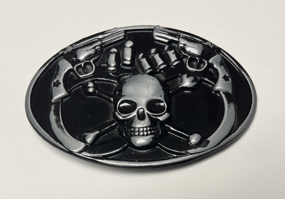 Skull and Crossbones, Black/Silver Metal Motorcycle Biker Belt Buckle