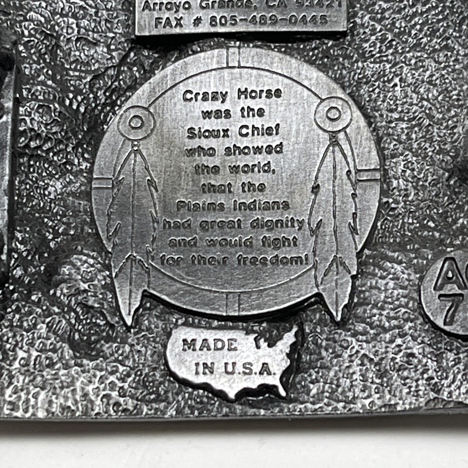 1991 Native American Crazy Horse Sioux Indian Chief Pewter Buckle Arroyo Grande