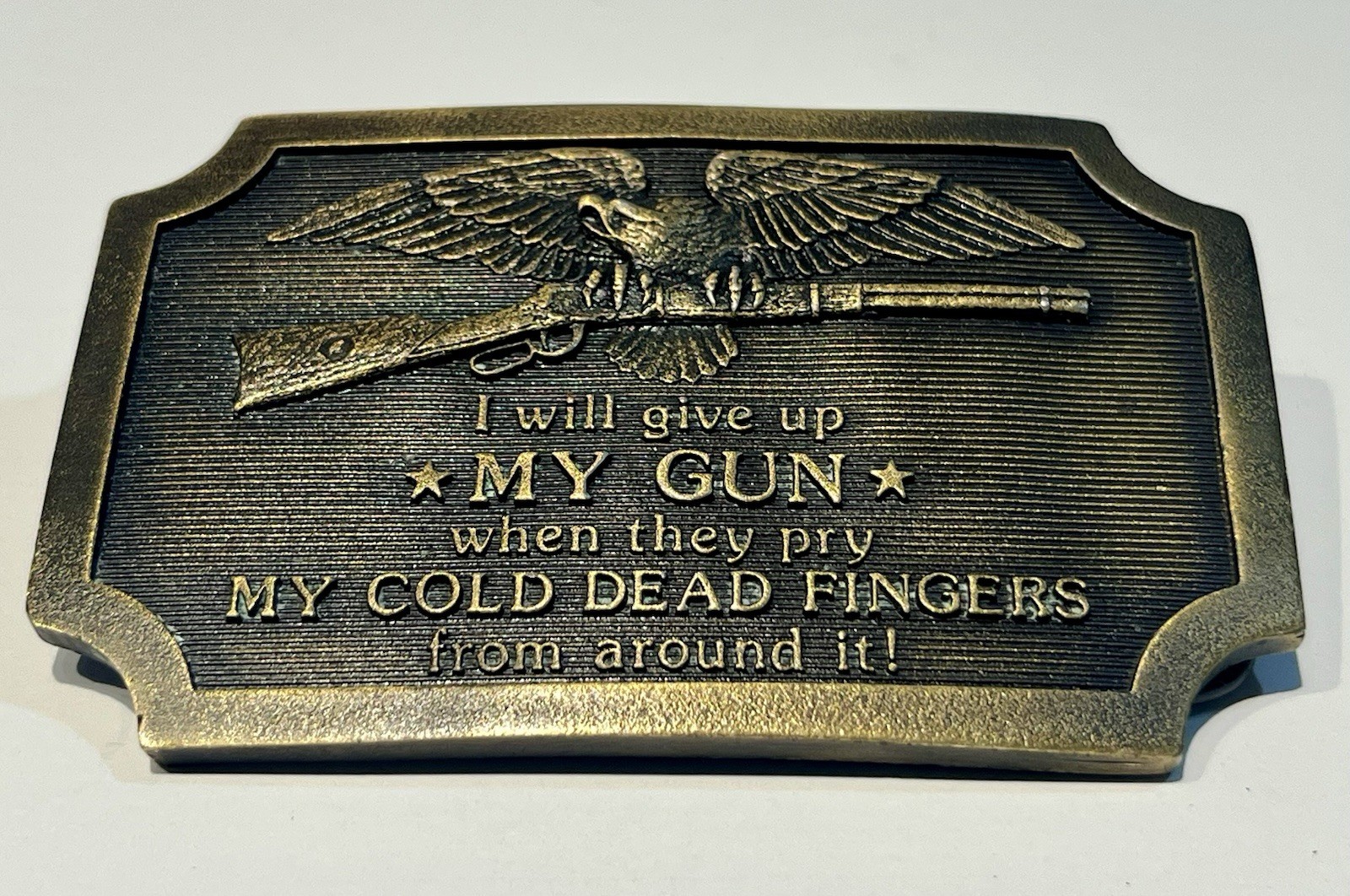 Indiana Metal 1977 Belt Buckle – « I&rsquo;LL GIVE UP MY GUN WHEN…” Charlton Heston NRA