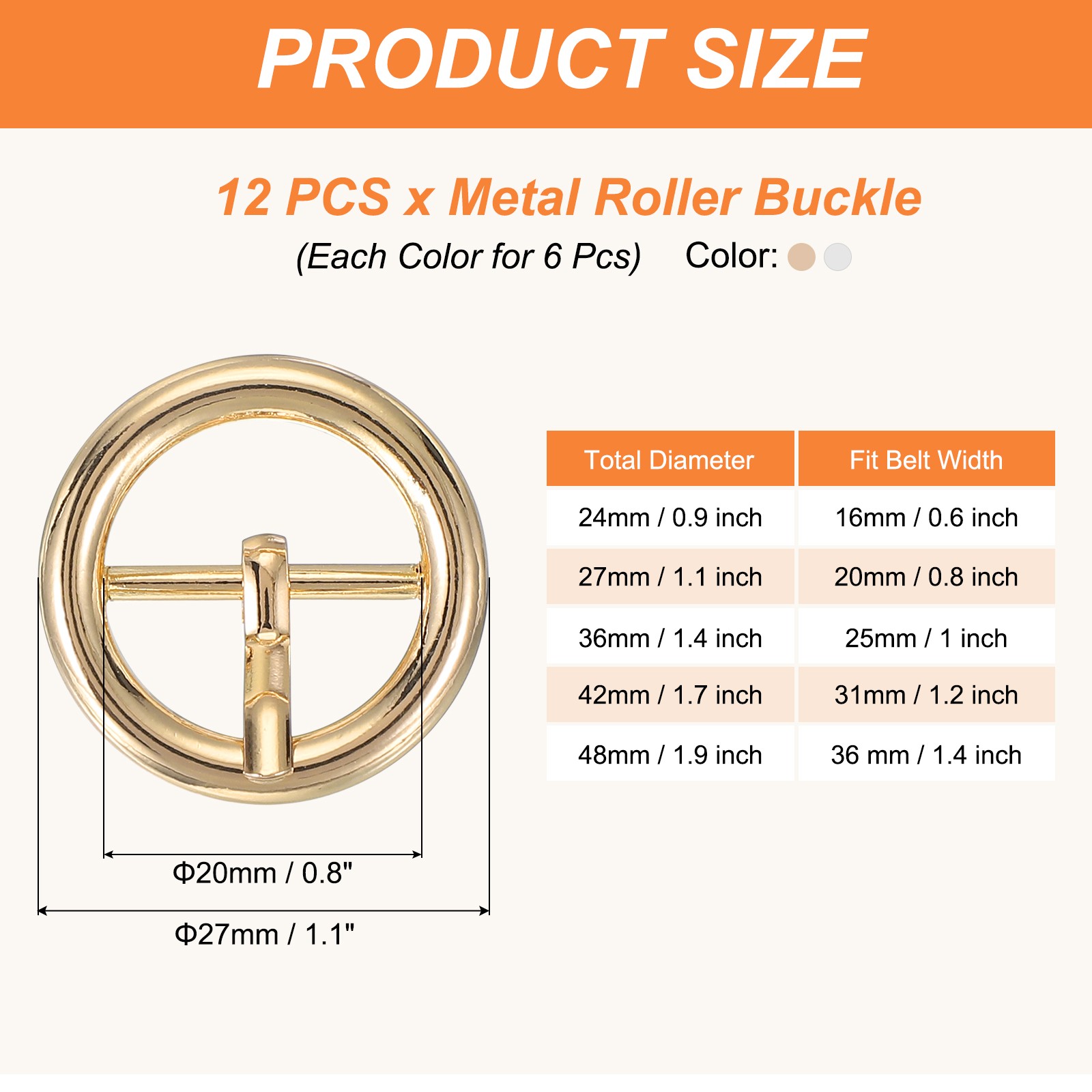 12Pcs 0.8&Prime; Single Prong Belt Buckle Metal Roller Buckle Silver/Light Gold