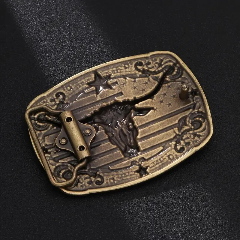 American Flag Bull Western Cowboy, Cowgirl Belt Buckle Antique Bronze Tone
