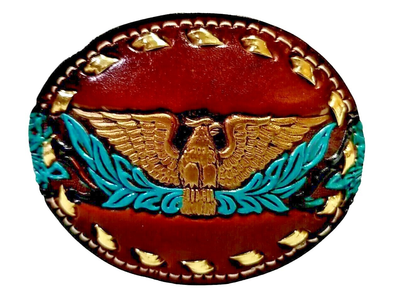EAGLE Belt BUCKLE w/ GOLD BUCKSTITCHING Lg HANDMADE Brown LEATHER Western/Biker