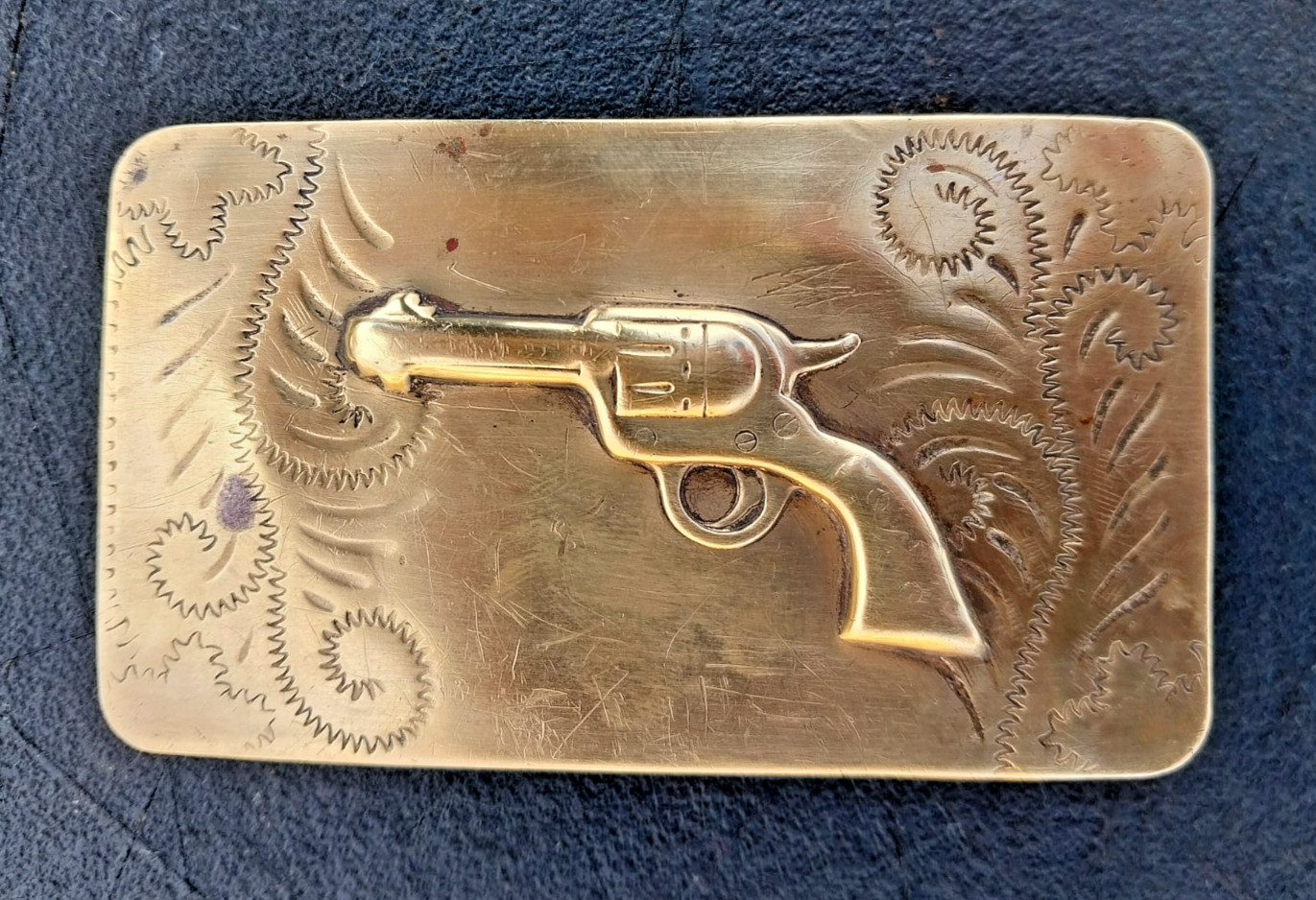 Vintage Western Brass Belt Buckle Embossed Revolver Gun Pistol Solid Bar RARE