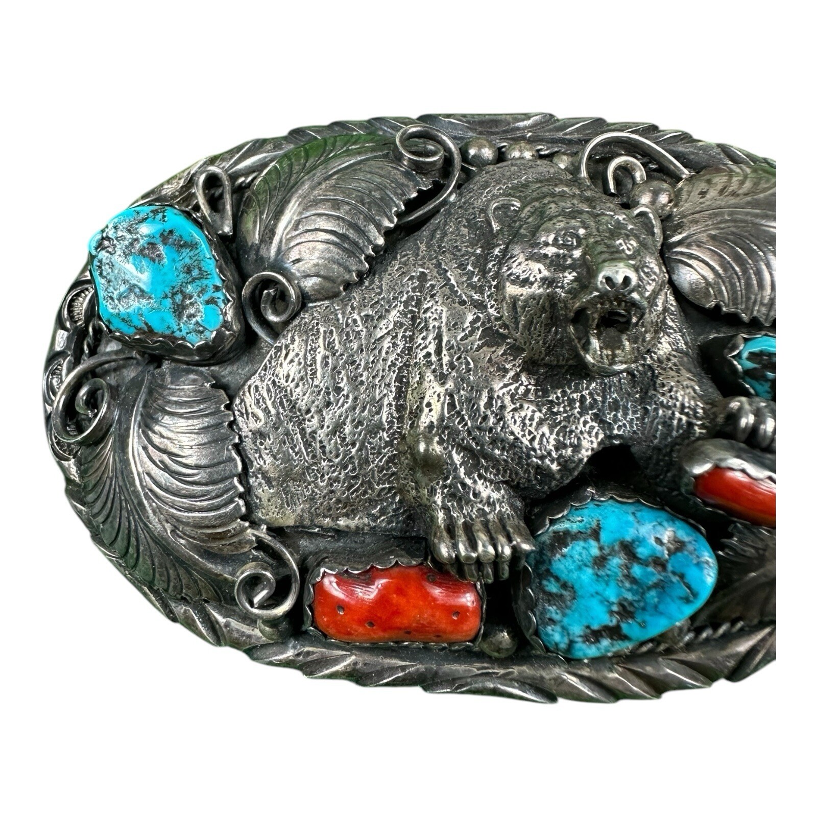 Navajo HP Maker Sterling Native American Grizzly Bear Turqoise Coral Buckle 88g