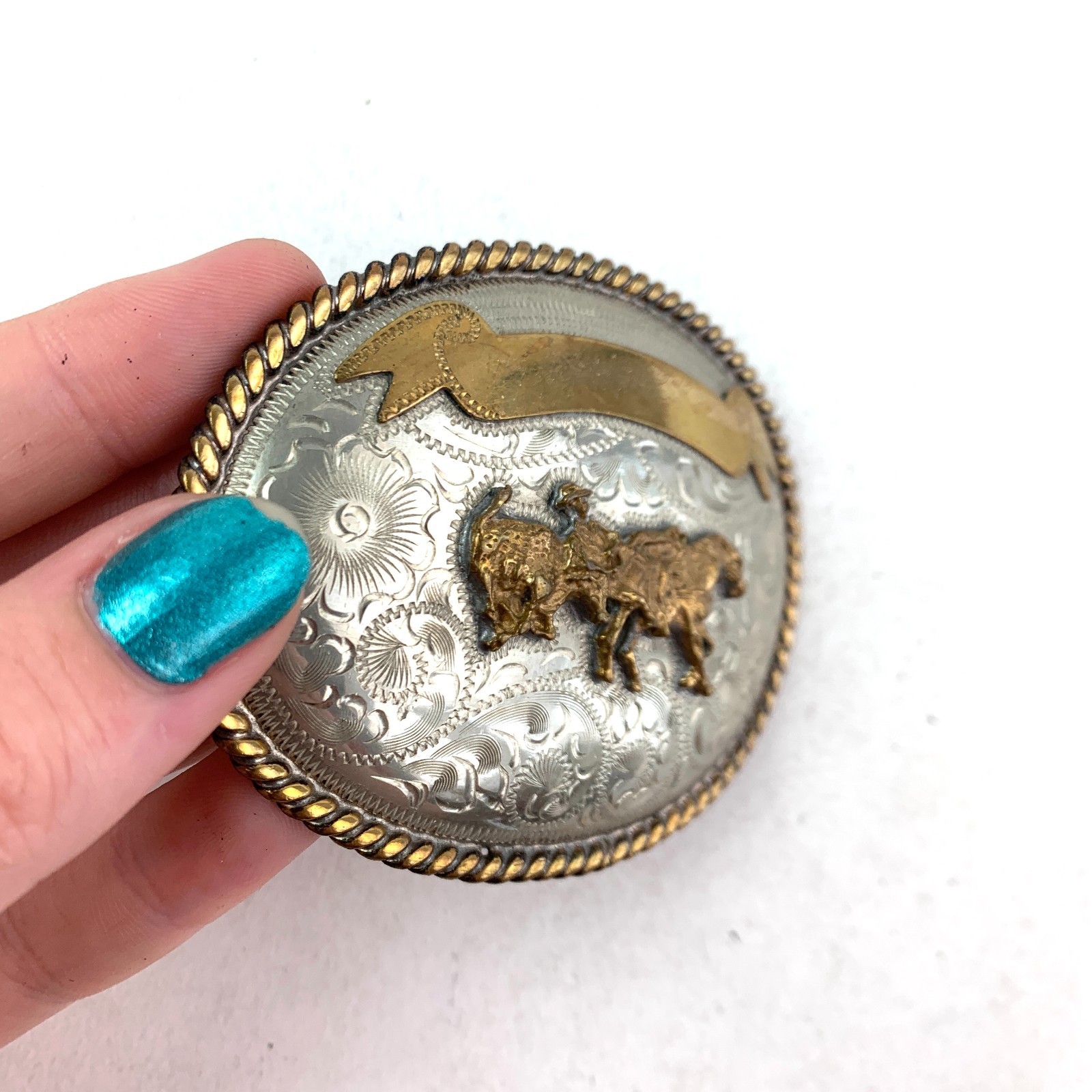 Vintage Alpaca Mexico Calf Roper Etched Silver Metal Belt Buckle