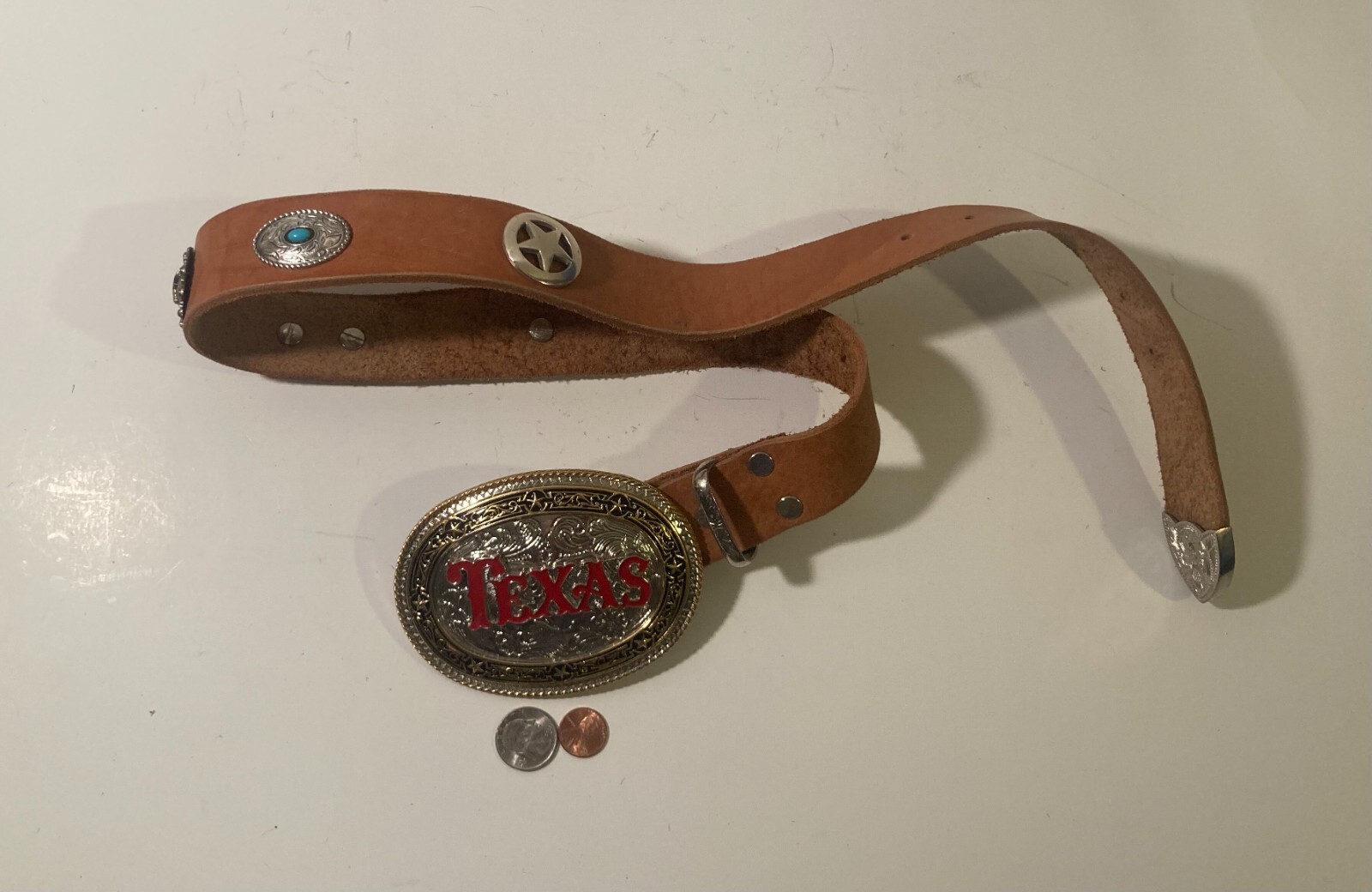 Vintage Leather Belt Buckle, and Belt, Texas, Brown Leather, Nice, Unique