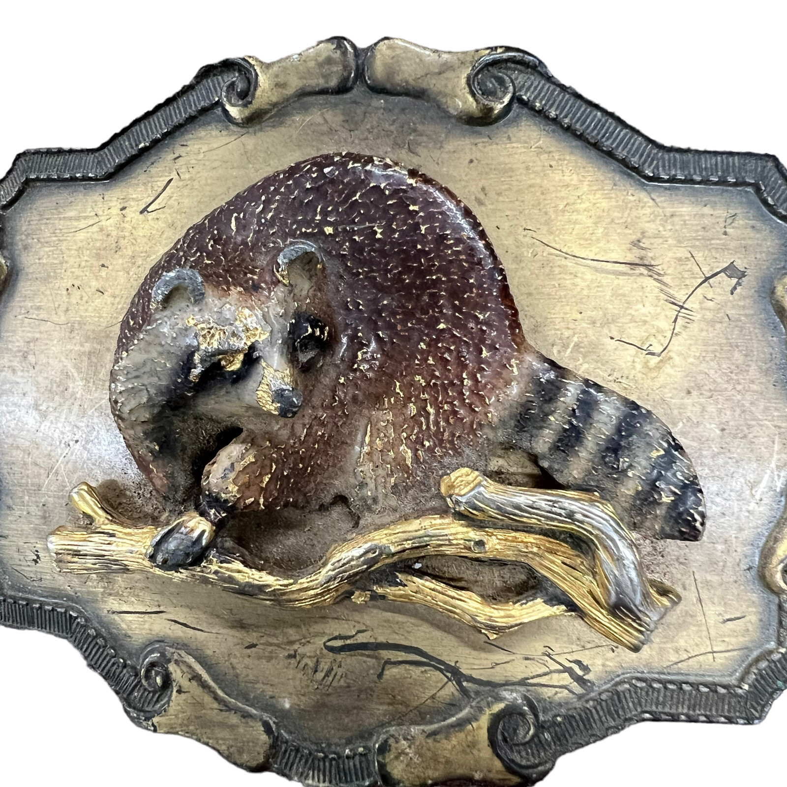 Raccoon Vintage 1977 Raintree Men&rsquo;s Brass Belt Buckle 3D Enamel 3.75&Prime; Retro 70&rsquo;s