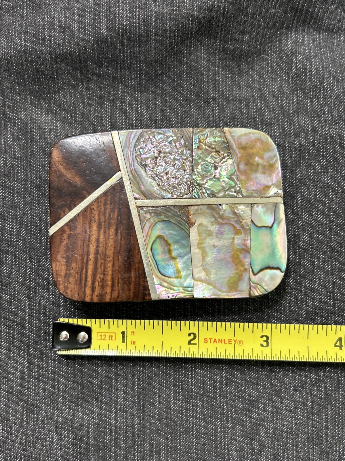 Gorgeous Belt Buckle Wood Abalone Shell Silver Tone Mexico