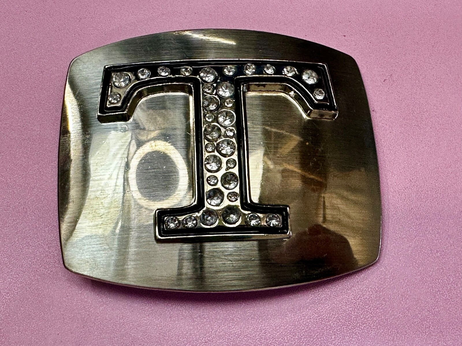 Letter Initial T – Silver color Vintage Belt Buckle – Missing Rhinestone?