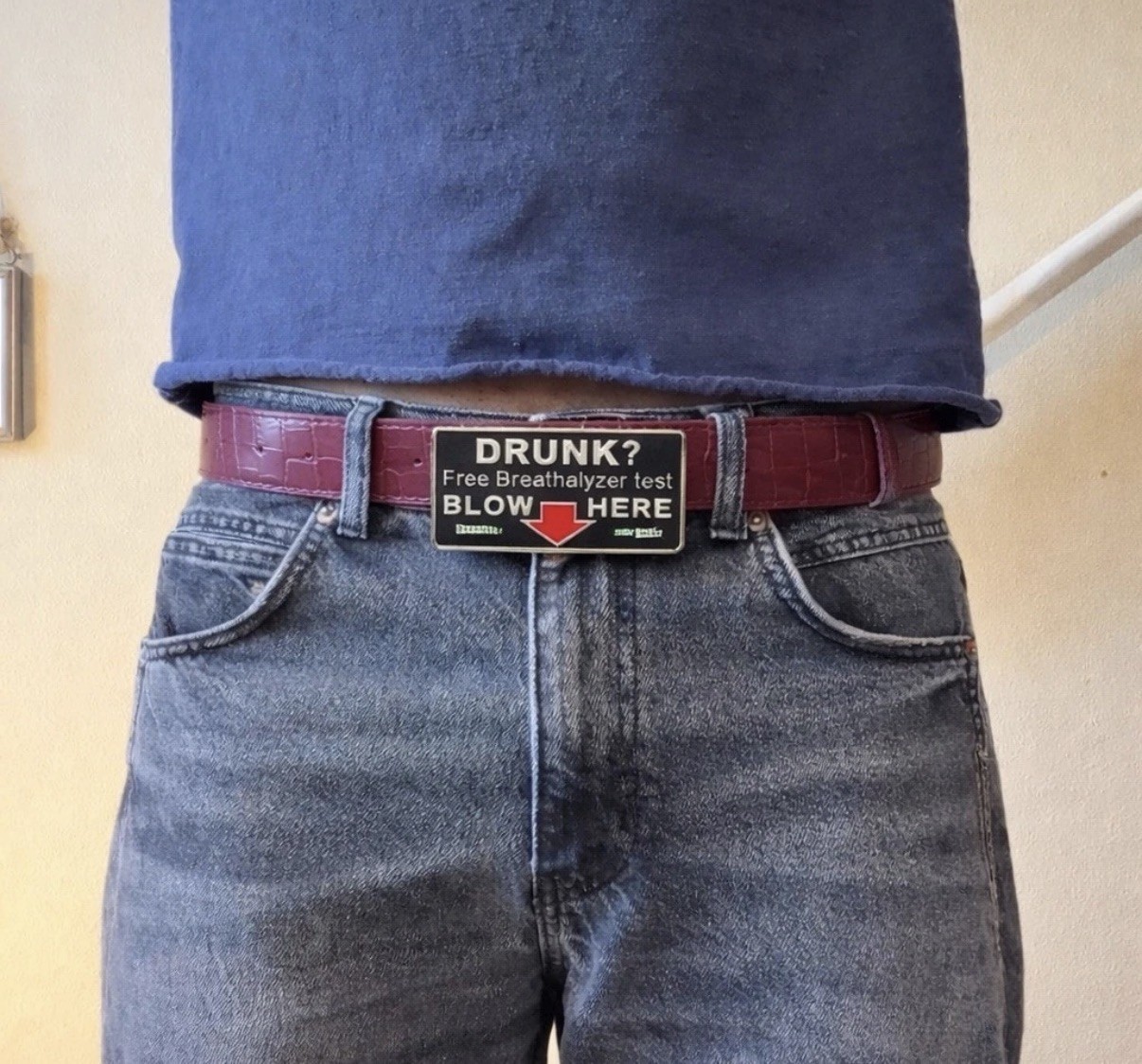 Joke Alcohol Sex Drunk Free breathalyzer test Blow Here belt buckle