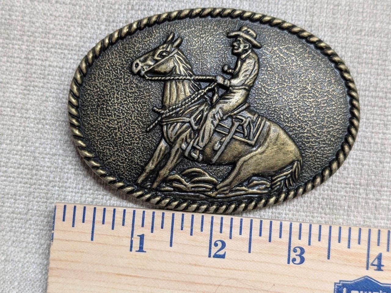 vintage 1970s belt buckle COWBOY john wayne WESTERN horse BRASS rodeo