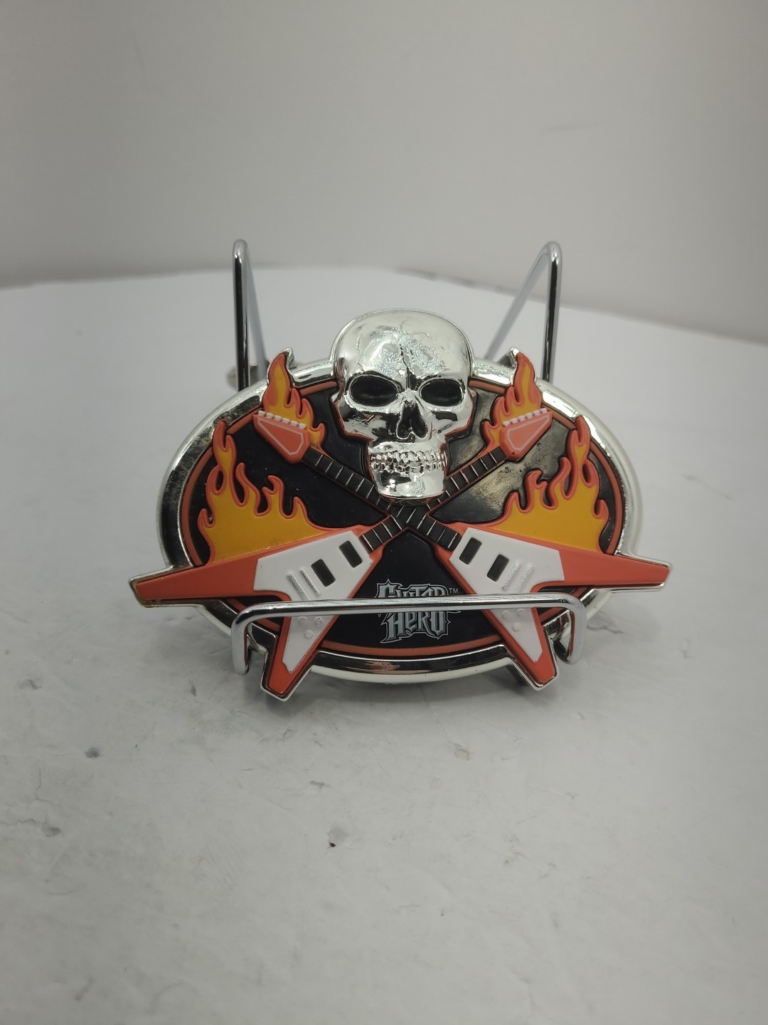 Plastic Guitar Hero Belt Buckle With Skull & Flames