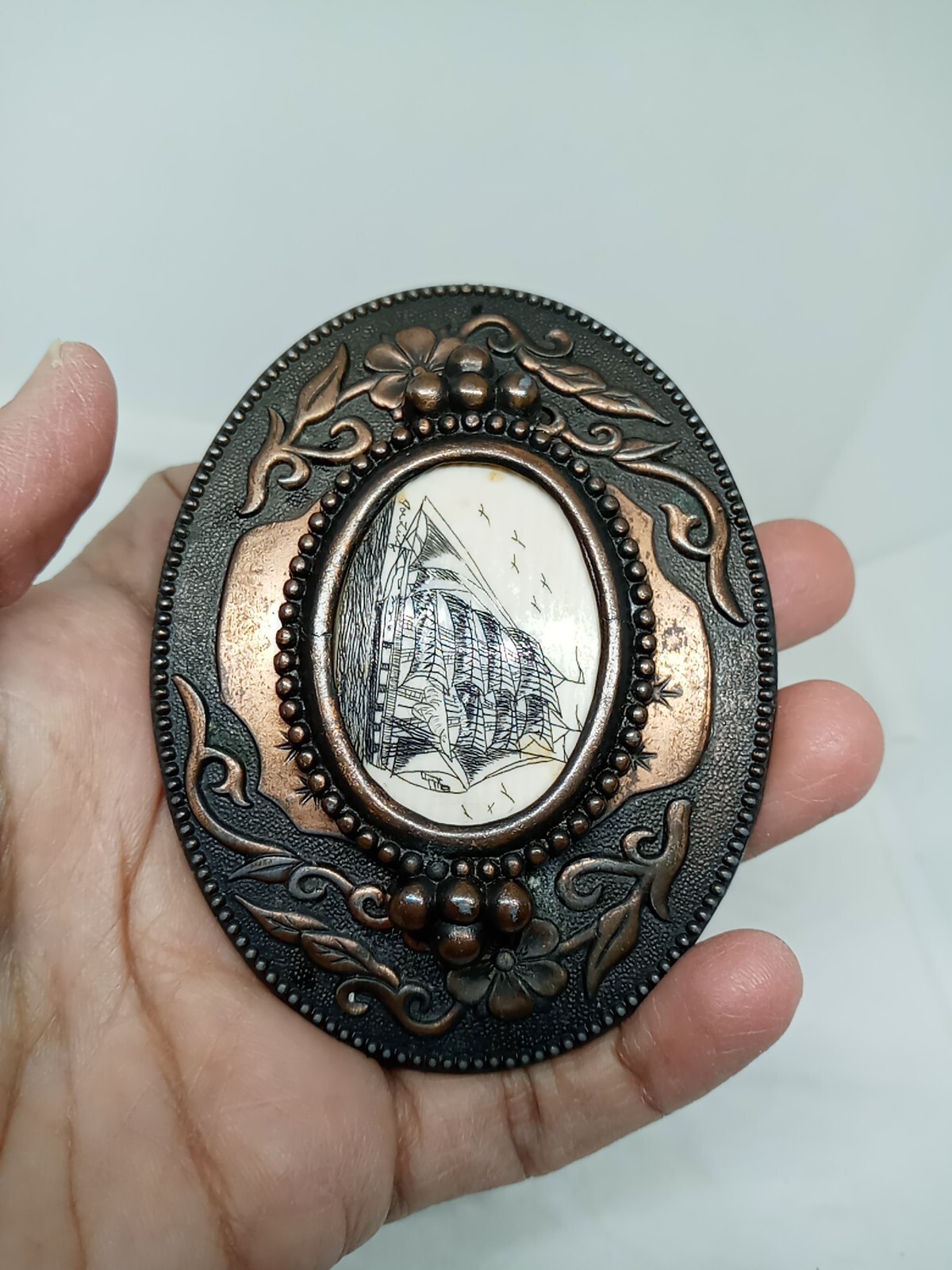 Vtg. 1970s Sailing Ship Belt Buckle W Birds. Brass Plated Metal. Ornate Edges.