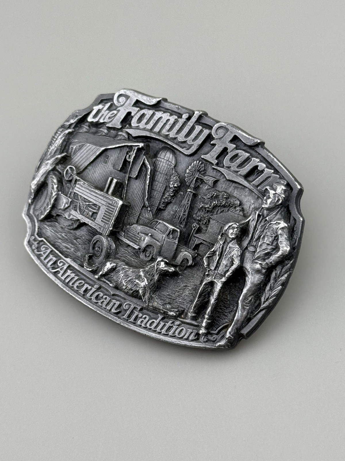 Family Farm Belt Buckle American Tradition Tractor Barn Vintage Pewter C+J 1986
