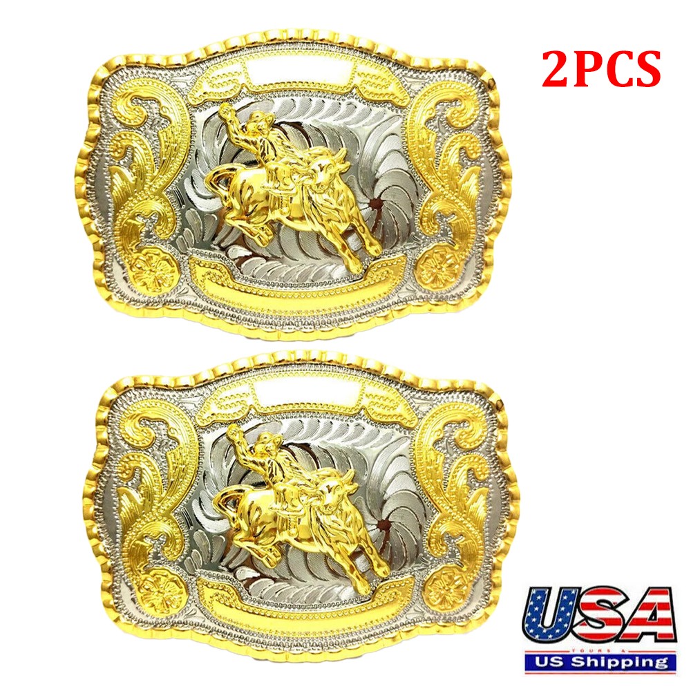 2PCS WESTERN SHINE BELT BUCKLE MEN BULL RIDE RODEO ANIMAL HUGE RODEO BIG COWBOY