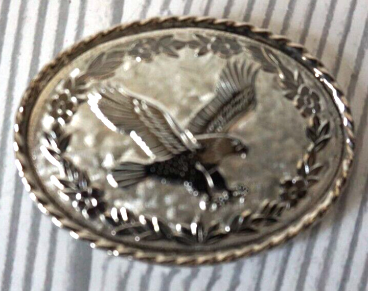 Vintage American Flying Eagle Oval Belt Buckle Etched Leaf USA Made Silver Tone