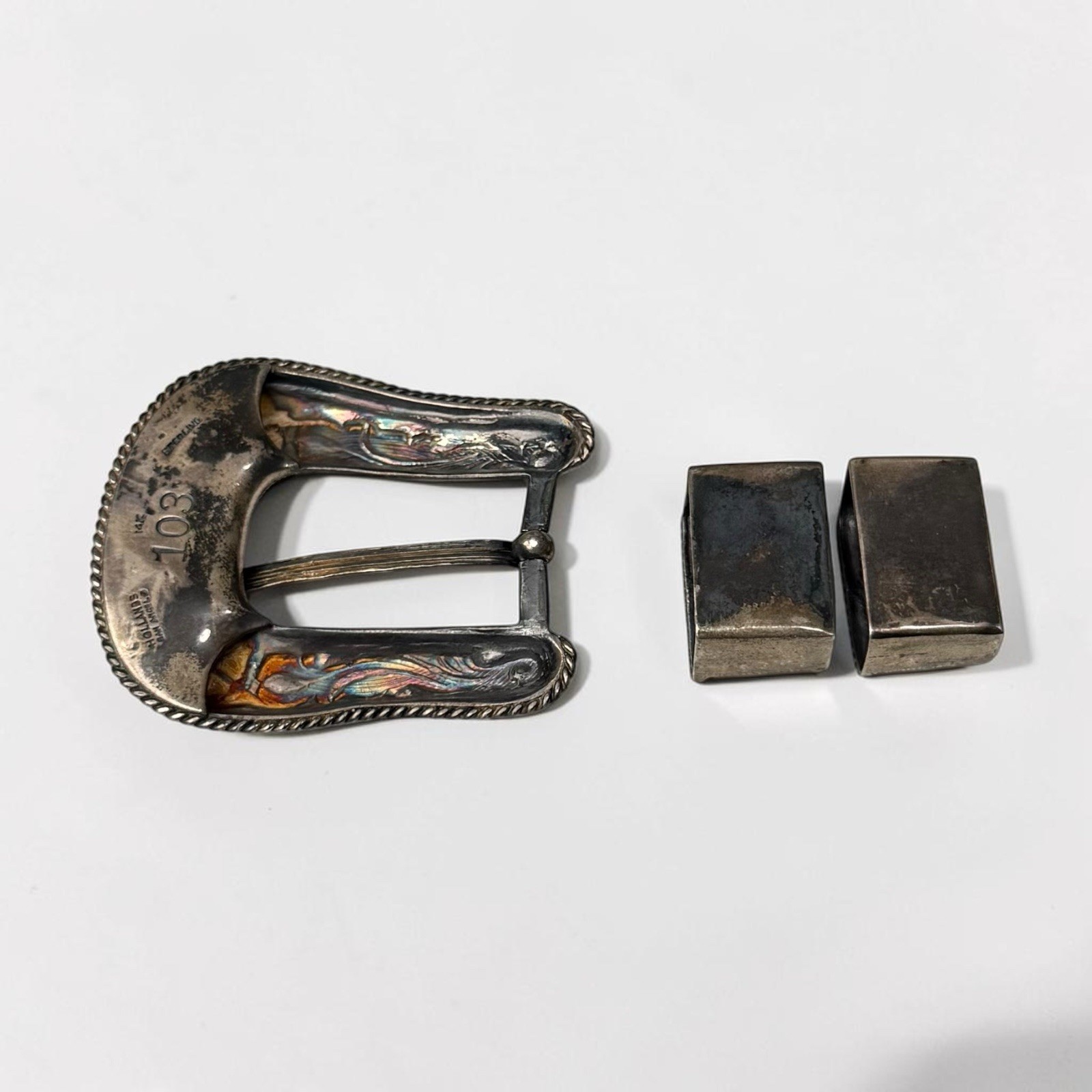 14K Gold Sterling Silver Hollands San Angelo 103 Ranger 3 Pc Belt Buckle Set