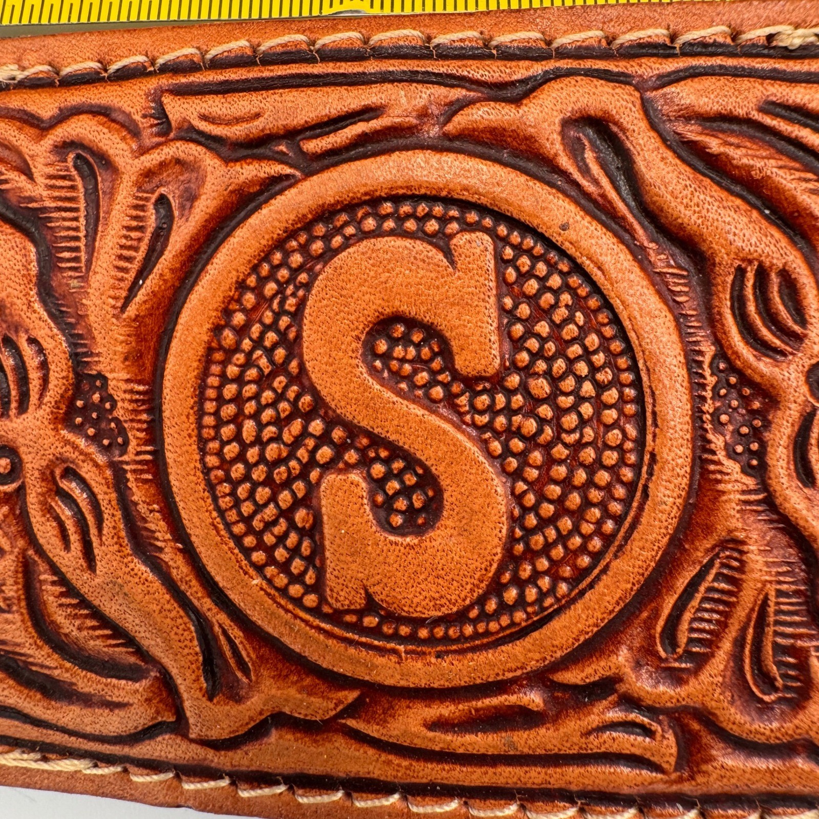 Vintage Hand Tooled Leather Belt Buckle Monogram Initial S Western Floral Tan