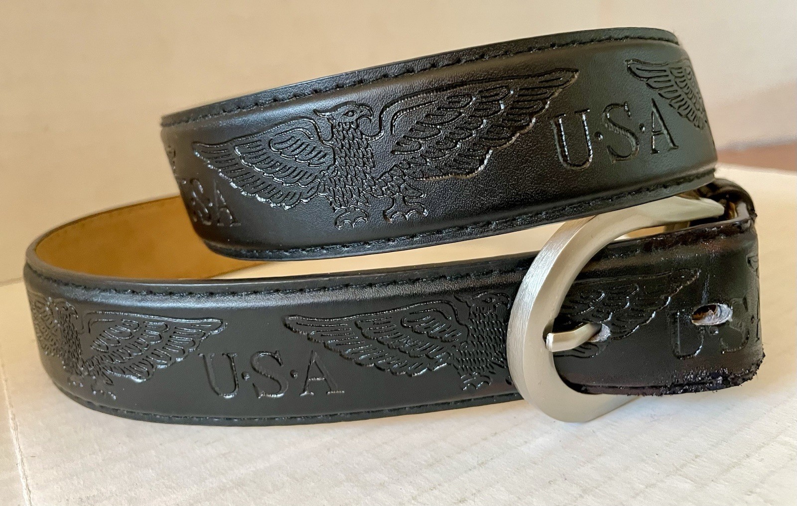 USA Eagle Black Leather Belt Mens XL 42-44 Stamped U.S.A. w Eagles Matte Buckle