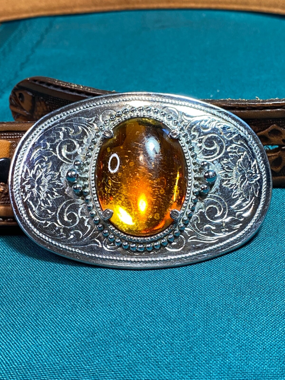 Tex Tan Full Grain Cowhide Belt Size 36 Tool Silver Buckle Polished Amber Stone