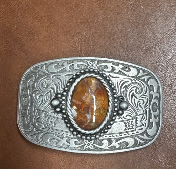 Boho Western Belt Buckle Jasper Stone Silver Tone Engraved Vintage- Rodeo