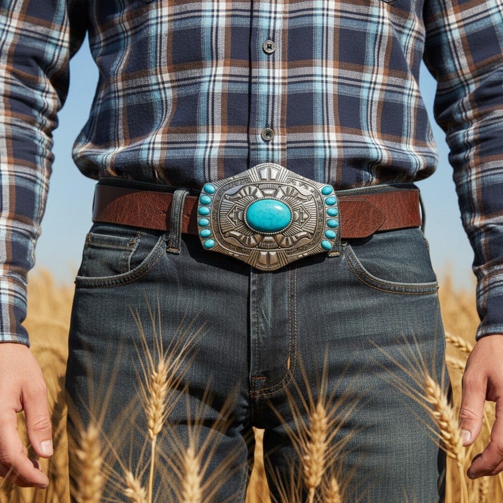 Men Silver Metal Buckle Rodeo Western Decorative Turquoise Blue Beads Jeans Pant